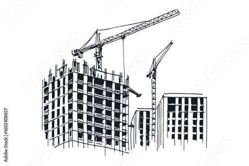 Construction site with crane and building sketch vector illustration