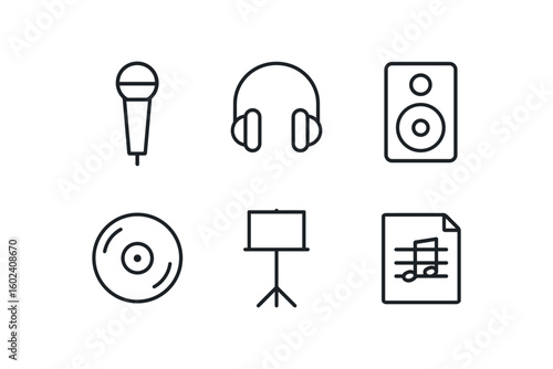 stroke icon mono icons style isolated music (equipment): microphone headphones speaker vinyl record music stand sheet music