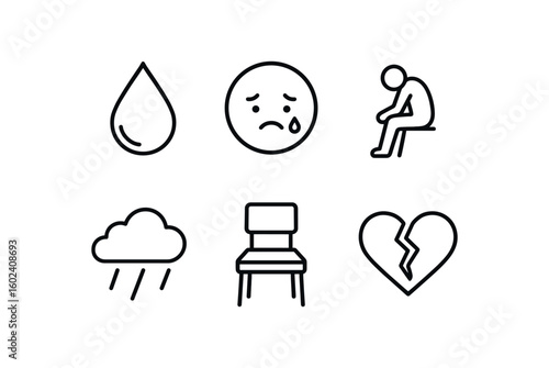 stroke icon mono icons style isolated sadness (emotions): tear drop gloomy slumped figure lonely rain empty chair broken heart