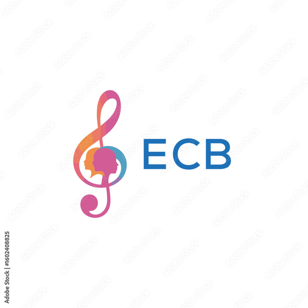 Fototapeta premium ECB “Creative music logo with human silhouettes and treble clef in gradient colors, ECB Later Logo, modern artistic design isolated on white background” 