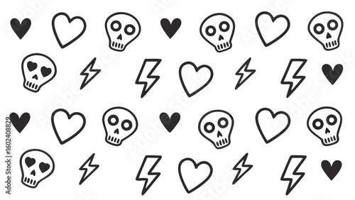 Hand drawn black and white skulls hearts and lightning bolts