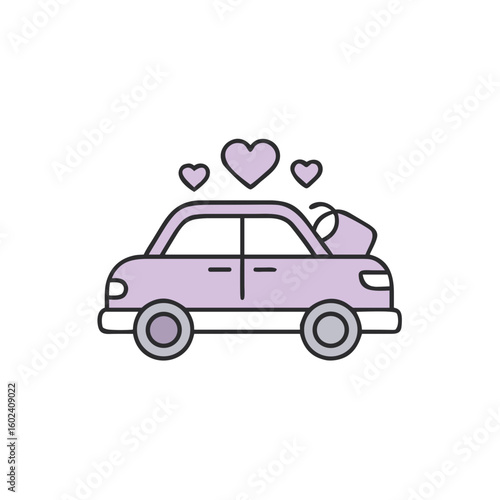 Purple car with hearts symbolizing honeymoon travel  