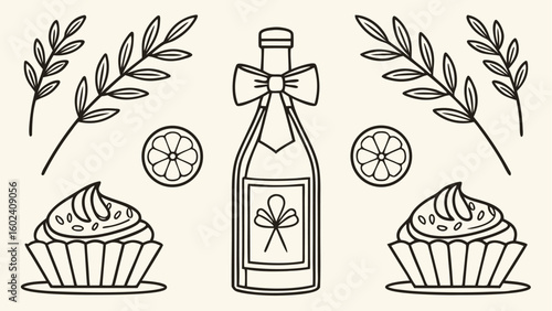 Hand drawn bottle of champagne with cupcakes and leaves