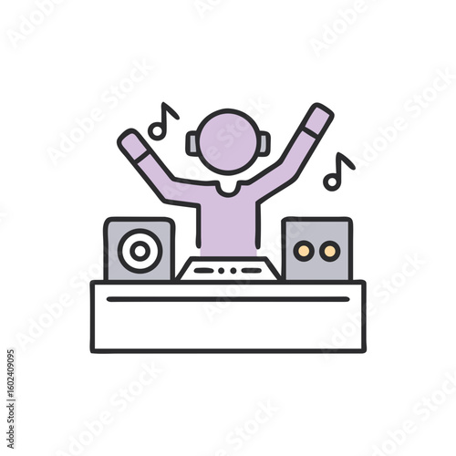 Live DJ performing with speakers and music notes in a digital style  