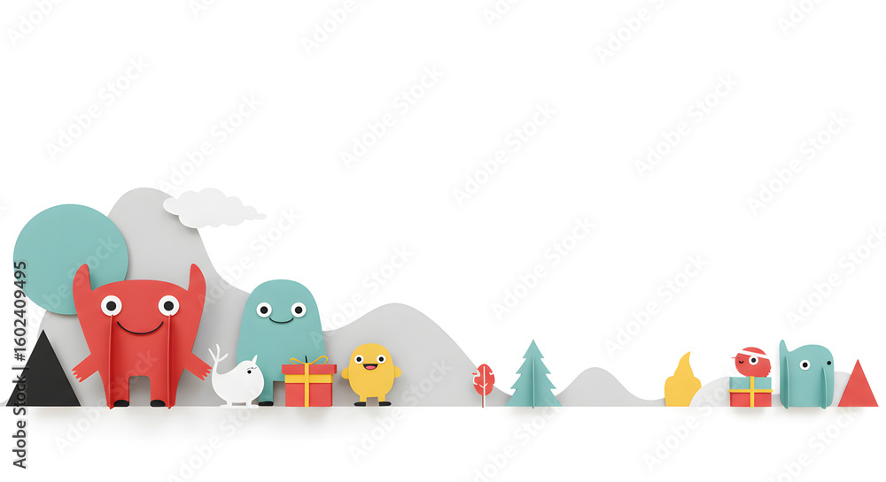 Obraz premium Whimsical Companions in a Scenic Landscape: A charming, fantastical composition features a variety of endearing characters, creating a delightful world of joy and companionship.