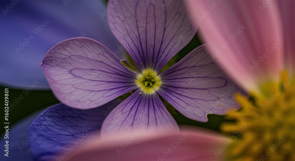 Fototapeta premium A delicate macro shot of a purple four-petaled flower with intricate veins, blooming in a colorful garden greenspace, an essential and beautiful pollinator habitat.