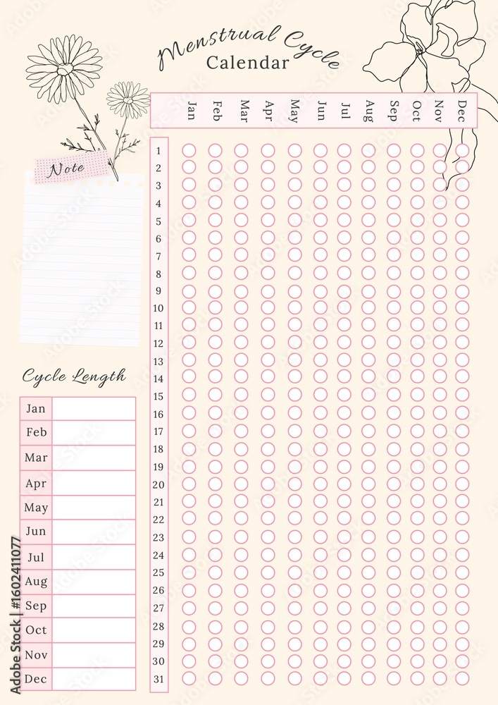 Menstrual cycle calendar planner template design Menstrual cycle calendar planner template design