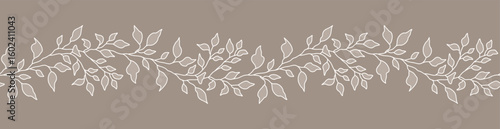 Lace floral border with branches and leaves. Beige seamless horizontal background with a beautiful hand drawn leaf garland. Vector illustration