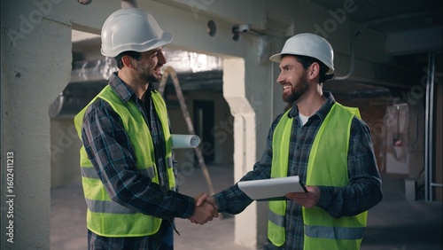 Fotografie Two glad Caucasian men builders discuss building project in construction archite