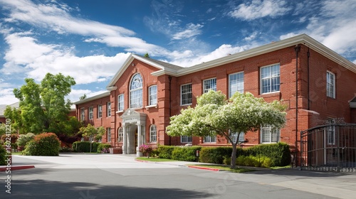 Traditional american school building exterior with brick facade and classic architectural design