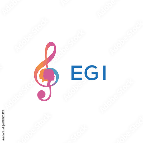 EGI “Creative music logo with human silhouettes and treble clef in gradient colors, EGI Later Logo, modern artistic design isolated on white background”
