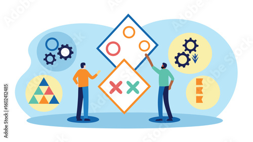 Two people discussing diagrams and processes represented by geometric shapes and gears in a light blue space