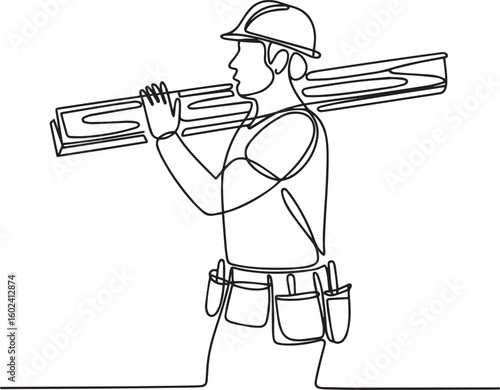 Continuous one line drawing of construction worker wearing hard hat and carrying lumber in minimalist vector style, clean black line art

