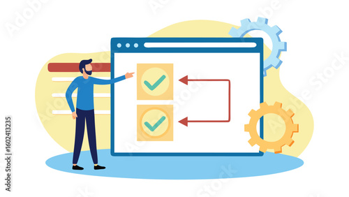 Man presenting workflow on a screen with check marks and gears for process management illustration