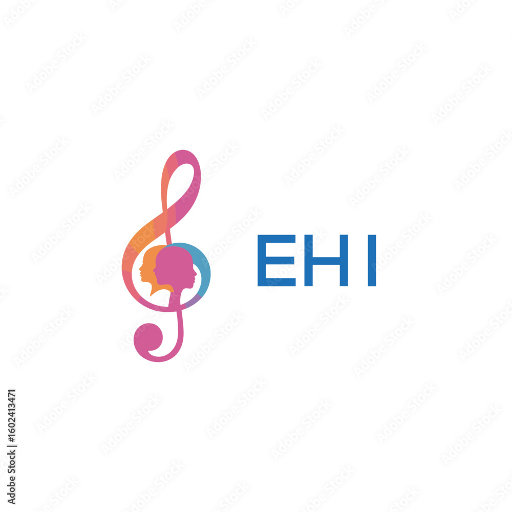 Fototapeta premium EHI “Creative music logo with human silhouettes and treble clef in gradient colors, EHI Later Logo, modern artistic design isolated on white background”