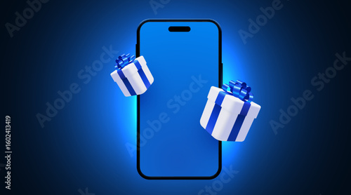Smartphone with present boxes on light glow background. Vector illustration