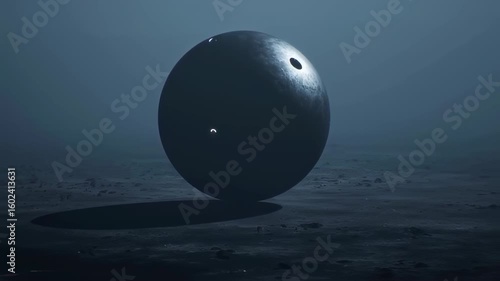 Mysterious floating sphere in a foggy landscape