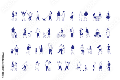 Stylized flat characters engaged in daily activities like walking, chatting, shopping, and riding. Clean modern line design ideal for editorial, UI, or marketing visuals.