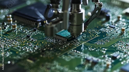 Close-up of circuit board with microchip being installed