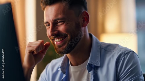 Man smiling at computer