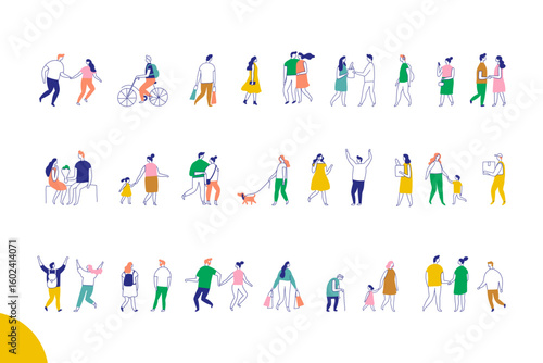 Flat colorful illustration pack of everyday lifestyle characters set isolated on white. Designed for web, editorial, and infographic use with a modern flat style.