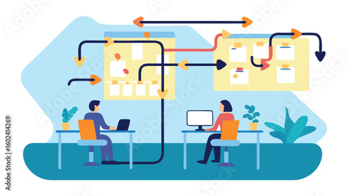 People working at desks with workflow diagrams and sticky notes displayed on boards in a modern office