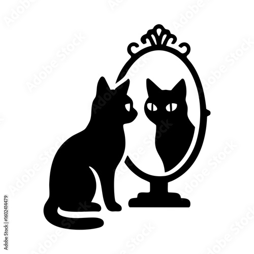 Black cat staring at reflection in mirror