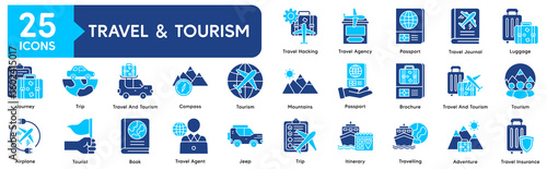 Travel and Tourism Solid Icons Set - Vacation, Trip Planning, and Global Journey Concepts 