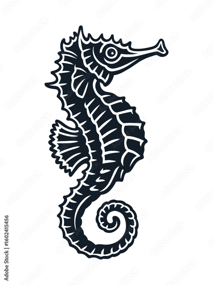 Fototapeta premium Seahorse engraving bold black silhouette vector illustration