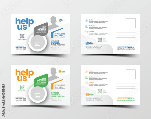 Minimal charity postcard template with blue and orange theme