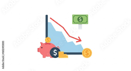 Financial crisis concept with falling graph, piggy bank, and money, illustrating economic downturn and losses in a clear, modern style