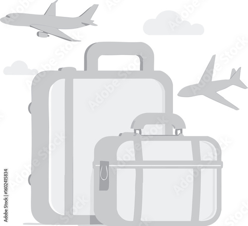 A suitcase and a briefcase are shown with two airplanes in the background