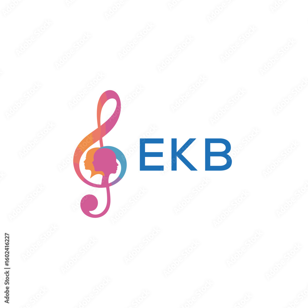 Naklejka premium EKB “Creative music logo with human silhouettes and treble clef in gradient colors, EKB Later Logo, modern artistic design isolated on white background” 