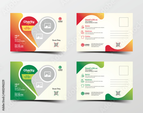 Creative charity postcard template for fundraising and donation events with different color versions