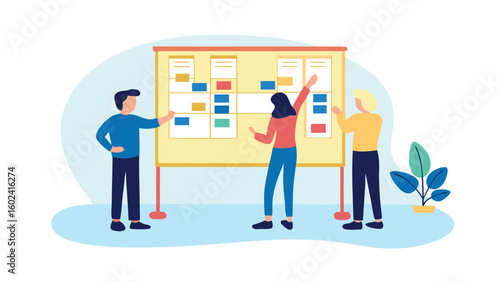 Team of three people collaborating on a project using a kanban board with sticky notes on it