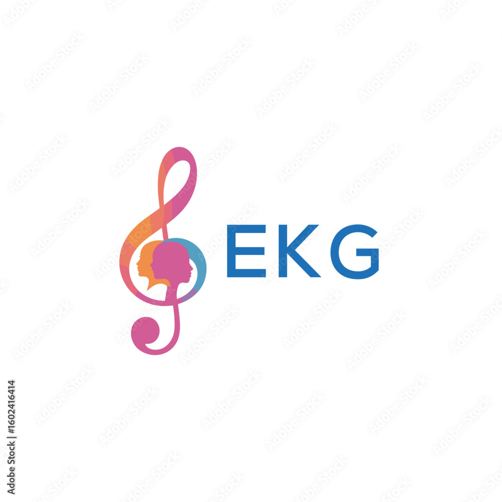 Fototapeta premium EKG “Creative music logo with human silhouettes and treble clef in gradient colors, EKG Later Logo, modern artistic design isolated on white background” 