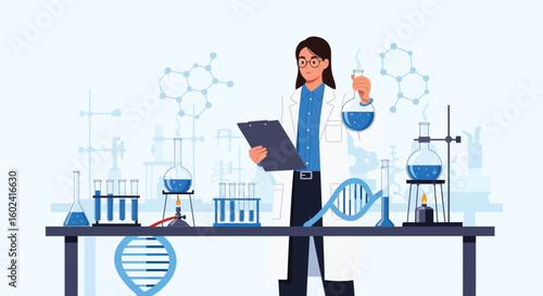 Scientist in a lab coat holds a flask of blue liquid while standing next to lab equipment, including a DNA model and beakers.