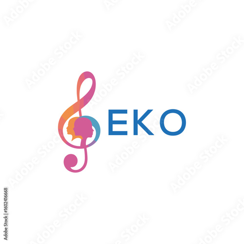 EKO “Creative music logo with human silhouettes and treble clef in gradient colors, EKO Later Logo, modern artistic design isolated on white background”
