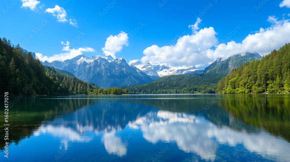 Fototapeta premium Breathtaking view of a mountain range with a spruce forest on a sunny day.