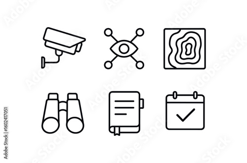 straight perfect stroke icon mono icons style isolated observation camera rig observation sensor network observation heat map observation binoculars optic observation note taking
