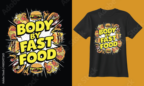 Humorous t shirt design celebrating a love for fast food with a bold graphic and vibrant colors