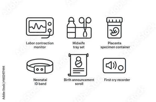 straight perfect stroke icon mono icons style isolated labor contraction monitor midwife tray placenta specimen container neonatal ID band birth announcement scroll first cry recorder