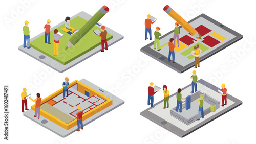 Isometric representation of collaborative planning on tablets with miniature figures and pencils