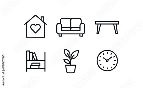 straight perfect stroke icon mono icons style isolated hearth center sofa cushion coffee table bookshelf unit indoor plant