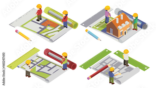 Isometric view showing architects reviewing blueprints with rulers and pencils on a white background