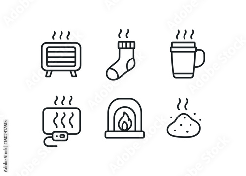 straight perfect stroke icon mono icons style isolated wth radiant heater wth wool stocking wth insulated mug wth heating pad wth hearth wth ember glow