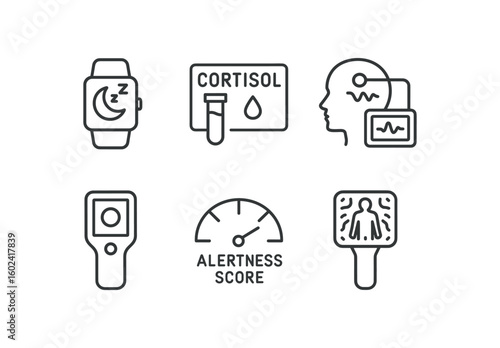 straight perfect stroke icon mono icons style isolated fatigue sleep quality tracker band fatigue cortisol assay kit fatigue EEG brainwave monitor fatigue reaction time tester fatigue