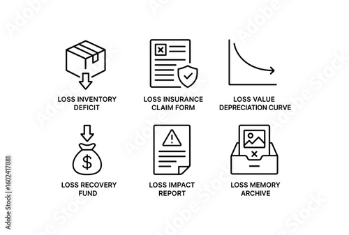 straight perfect stroke icon mono icons style isolated loss inventory deficit loss insurance claim form loss value depreciation curve loss recovery fund loss impact report loss memory