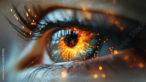 Fiery Gaze: A close-up captures the intensity within an eye, ablaze with fiery energy, the iris a canvas of light and detail.