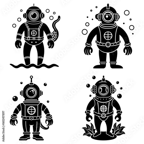 Four black and white divers in vintage diving suits with bubbles and aquatic backgrounds illustration